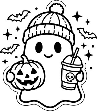 Cute Halloween ghost wearing beanie hat holding pumpkin and iced coffee cup, surrounded by bats and stars, black and white vector outline, perfect for coloring pages and stickers.