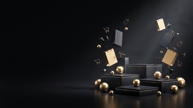 Elegant black stage with golden accents for product showcase and dramatic presentation