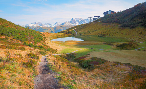 path down from Fellhorn summit to middle station and lake Schlappold. allgau alps bavaria