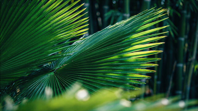 Close view of green palm leaves with water droplets