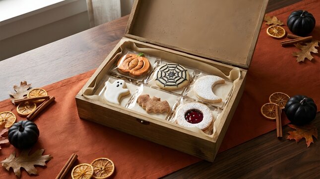 Halloween cookies wooden gift box pumpkin ghost festive bakery set