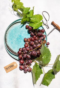 Red grape bunch with vine leaves and wine tag