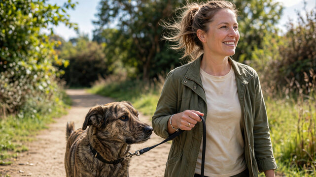 Woman walking a brindle dog along a nature trail