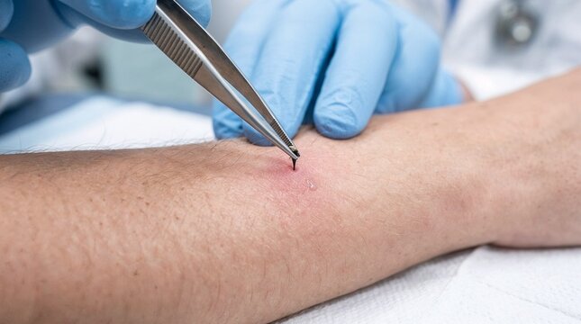 Medical professional using tweezers to remove a splinter from arm  