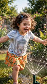 Child running through a sunny garden