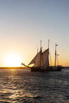 Classic schooner silhouette floating on sparkling golden sea water during Hanse Sail festival in Rostock at sunset.