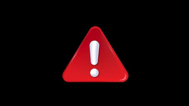 Rotating 3D red warning triangle with white exclamation mark, isolated with alpha channel for alert, caution, danger and notification graphics