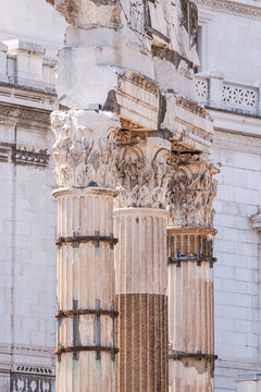 Ancient Roman column ruins in Rome, Italy architecture
