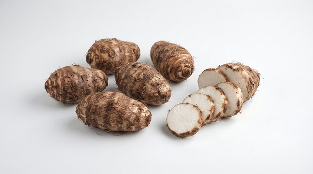 Nutrient-rich taro roots whole and freshly sliced on clean white studio background