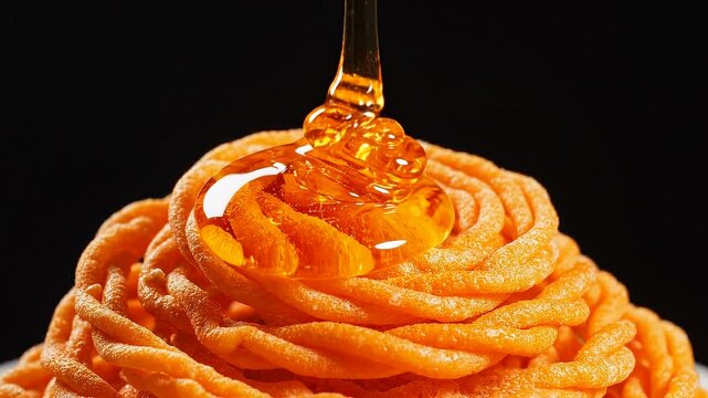 Extreme Macro Slow Motion of Thick Golden Sugar Syrup Pouring over a Crispy Traditional Jilapi