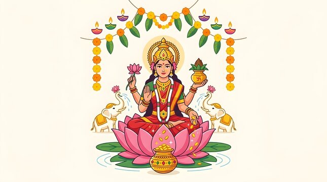 Happy Varalakshmi Vratam Vector Illustration of Goddess Lakshmi Sitting on Pink Lotus Pouring Gold Coins with Sacred Kalash and Puja Thali