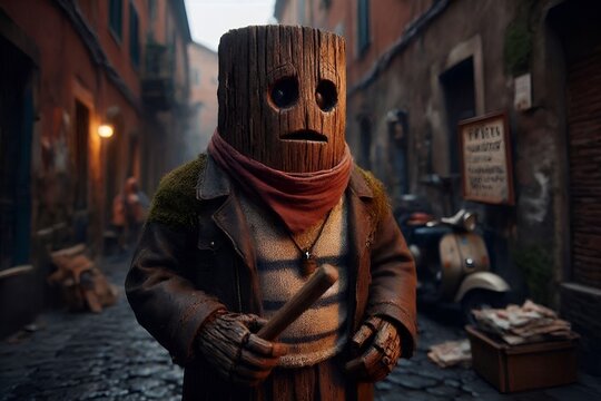 Viral Social Media Trend Fictional Log-Like Grinning Anthropomorphic Figure Indonesian Tung Tung Tung Sahur Italian Brainrot Meme Character Wearing Kerchief Holding Small Wooden Bat Ramadan Drumstick