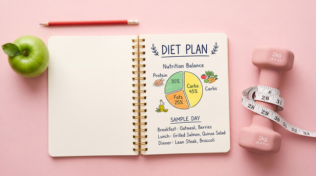 Healthy Diet Plan Notebook with Fitness Equipment on Pink Background for Wellness Goals