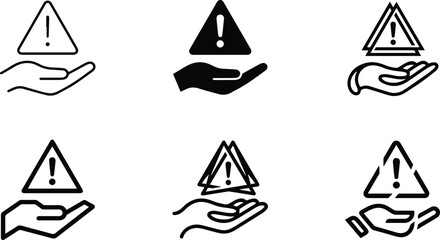 Fototapeta premium Open hand holding warning triangle vector icon set featuring caution exclamation symbol hazard risk alert safety attention isolated on white background