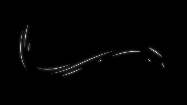 Animated white glowing sweep lines moving and forming curved light trails, isolated with alpha channel for transitions, overlays and motion graphics