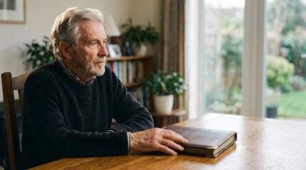 Fototapeta premium Senior Caucasian man sitting at wooden dining table with leather photo album lost in thoughtful memory.
