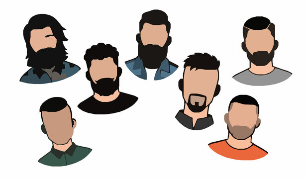 Bearded men face icon vector set with barber hairstyles mustaches and modern hipster portraits