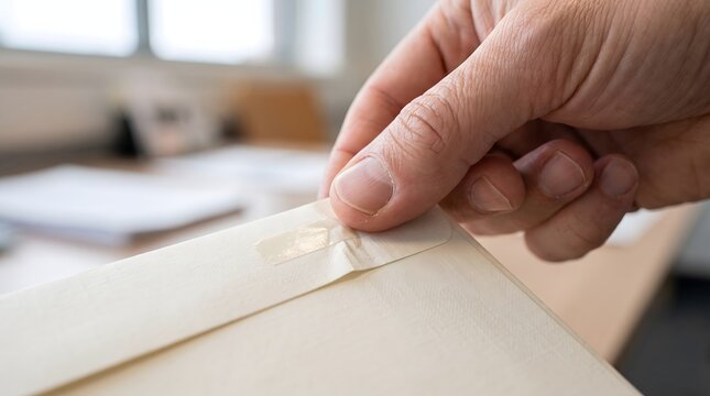 Adult male hand sealing paper envelope with adhesive tape for confidential mail delivery.