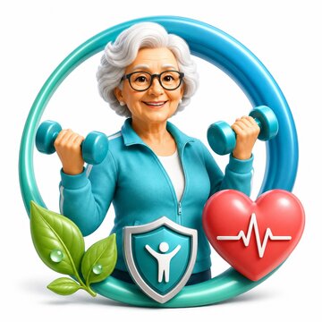 Active senior woman exercising with dumbbells for heart health and wellness 3D illustration
