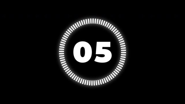 Simple digital count up timer from 00 to 04 with a white circular progress bar on a black background suitable for alpha channel transparency and motion graphics projects