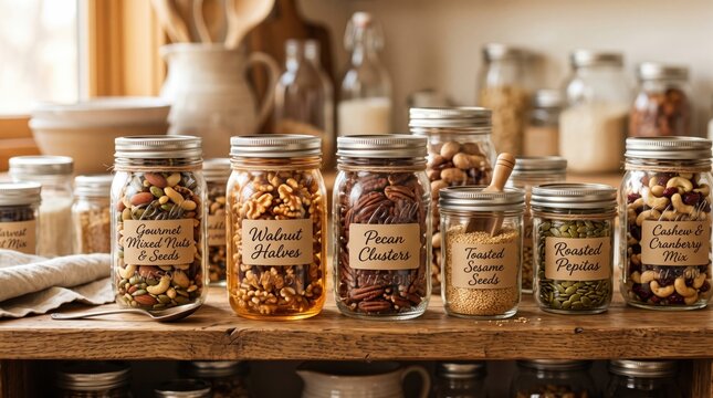 Assorted healthy nuts and seeds in glass jars for brain boosting nutrition.