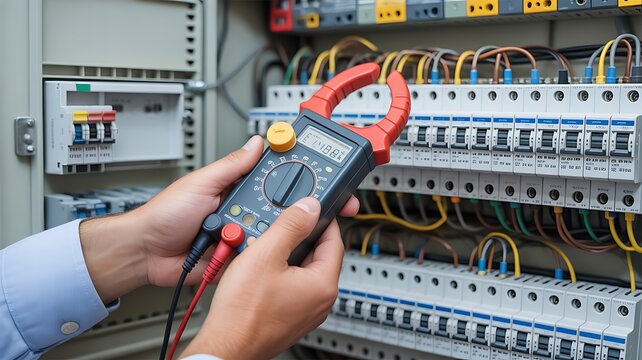 professional industrial electrician hands holding digital clamp meter and configuring test probes inside commercial circuit breaker panelboard.