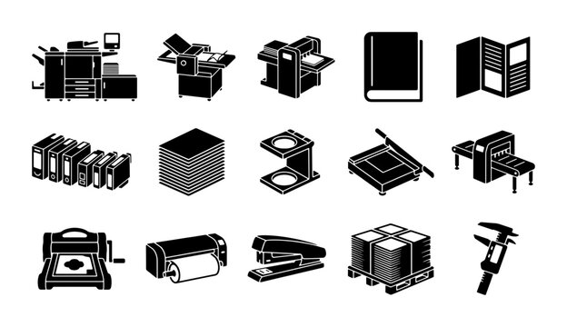 Professional printing industry icons, 15 black vector silhouettes of offset press and bindery equipment, commercial print shop machinery set