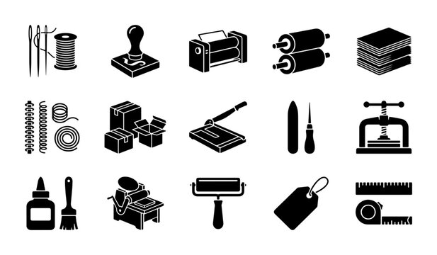 Vintage bookbinding tools and printmaking equipment icons, 15 black vector silhouettes for craft workshops and publishing