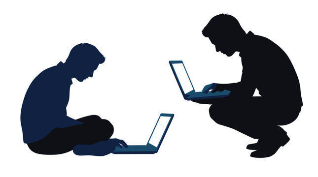 Vector silhouette of men working on laptop computer typing coding and studying tech lifestyle remote business concept