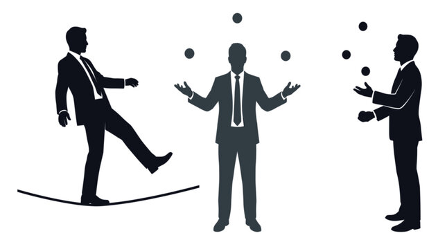Vector silhouette of business men juggling balls and walking tightrope risk management challenge corporate balance multitasking concept