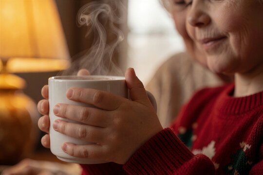Cozy holiday Christmas breakfast scene featuring a child holding a steaming mug while a grandmother smiles warmly in the soft, warm light.