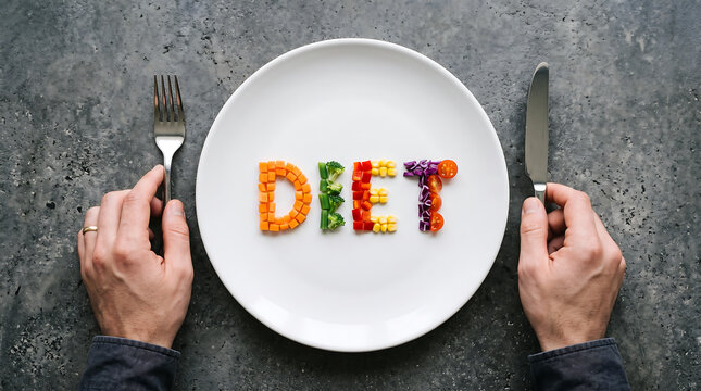 Colorful Vegetable Letters Spelling Diet Word on White Plate Healthy Eating Concept