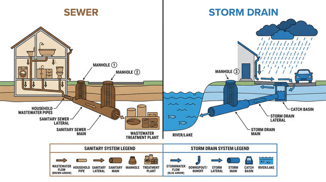 Infographic illustration showing the difference between sewer and storm drain systems and how wastewater and rainwater flow underground with drainage system