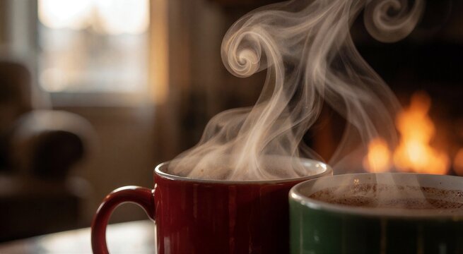 Steaming hot chocolate in red and green mugs, capturing the cozy atmosphere after baking near a warm fireplace.