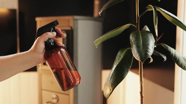 Close view of a person spraying water on a rubber plant in a warm home interior near a window.
