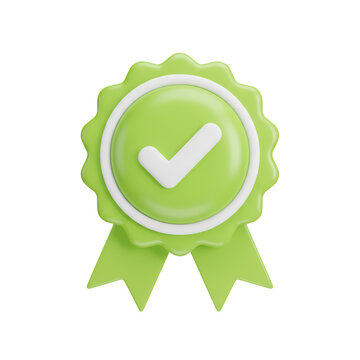 Green badge icon with a white check mark symbol for quality assurance and successful task completion design