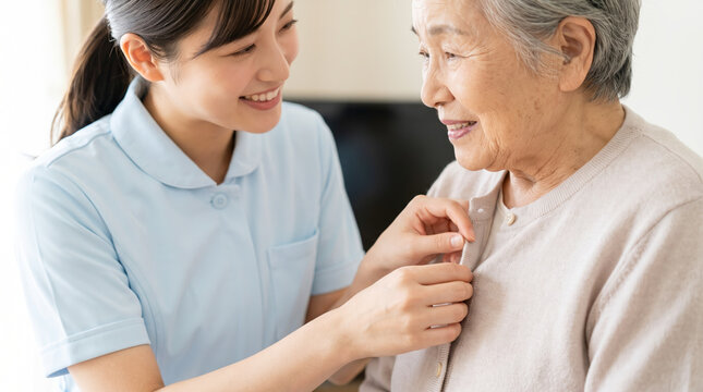 高齢女性の服のボタンを留めて着替えを介助する笑顔の介護福祉士