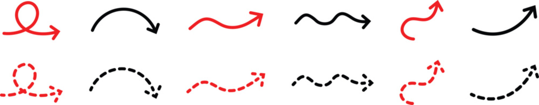 Dotted curved arrow icon set. Direction pointers and flow signs with dotted line paths, curved movement arrows, and arch design elements. Vector graphics
