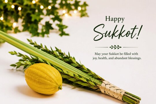 Happy Sukkot greeting card with etrog and lulav on white background
