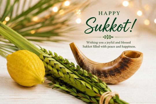 Happy Sukkot greeting card with etrog, lulav, and shofar on a wooden table
