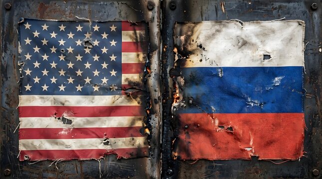 Two flags, one of the United States of America and one of Russia, torn and burnt, symbolizing conflict and tension between the nations