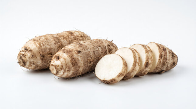 Nutritious taro roots whole and freshly sliced on a clean white background studio shot