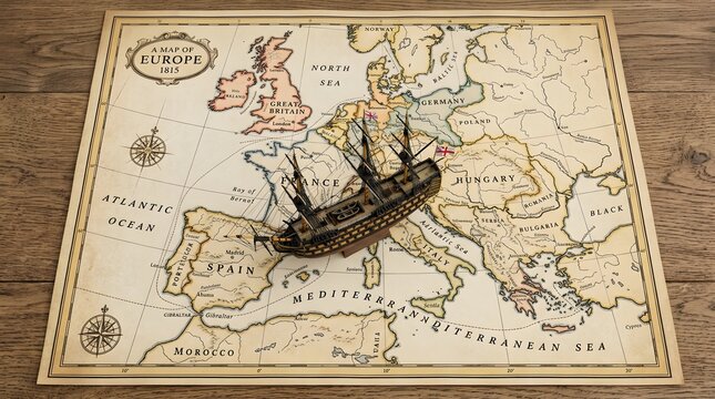 A vintage map of Europe with a detailed wooden ship model placed on it. The map shows country borders, oceans, and sea routes, suggesting a historical theme of exploration and travel