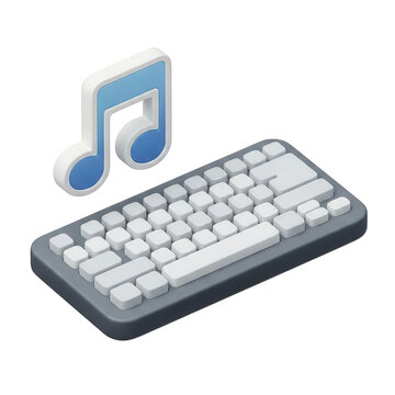 Isometric computer keyboard with a floating blue musical note icon representing digital music production sound