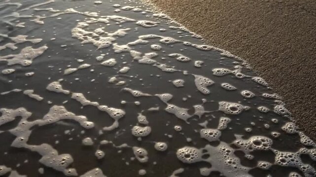 White Foamy Ocean Waves Receding on Dark Sandy Beach with Glistening Sunlight