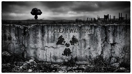 Fototapeta premium A stark image depicting a nuclear mushroom cloud rising in the distance over ruined buildings, with a concrete barrier in the foreground bearing the Nuclear Warning symbol and radiation hazard sign.