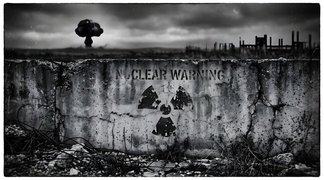A stark image depicting a nuclear mushroom cloud rising in the distance over ruined buildings, with a concrete barrier in the foreground bearing the Nuclear Warning symbol and radiation hazard sign.