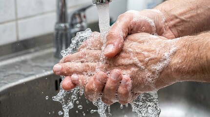Fototapeta premium Close-up of hands washing with soap and water under a faucet