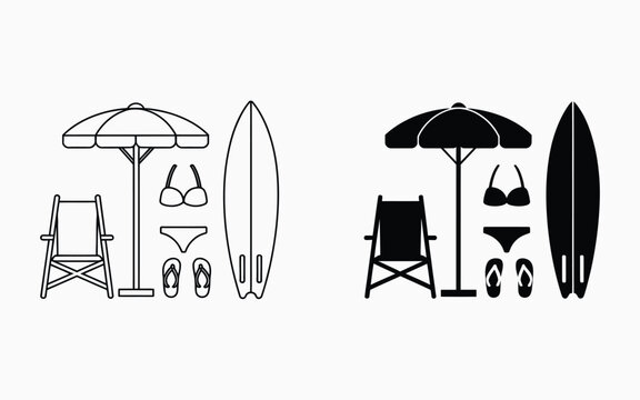 Summer beach items vector set featuring umbrella bikini and surfboard