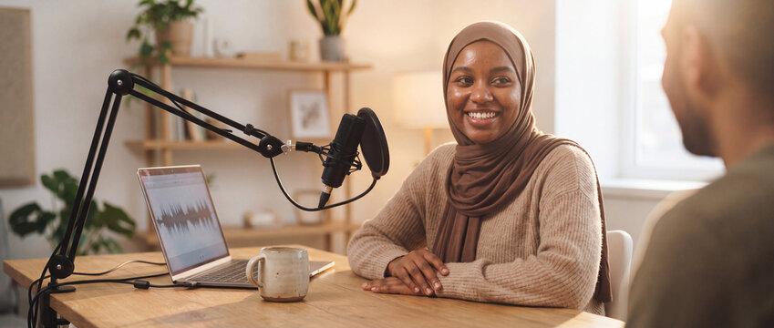 Podcast host recording an audio interview with microphone and laptop at wooden table in cozy home studio, featuring a smiling Muslim woman for media production and broadcasting
